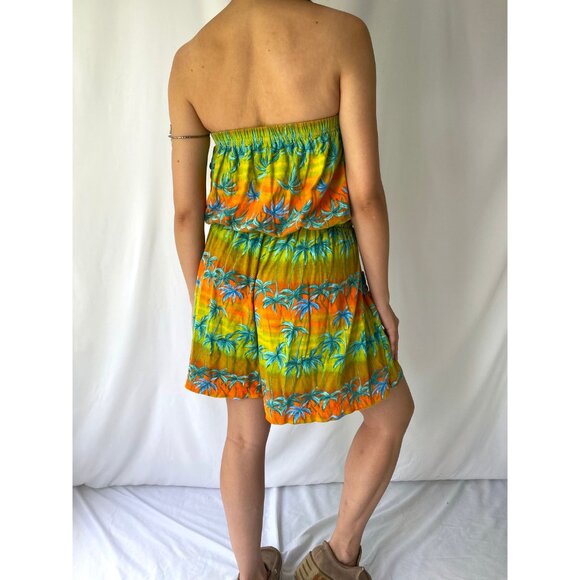80s vintage green tropical beach print ruffle strapless romper shorts playsuit - Picture 5 of 10